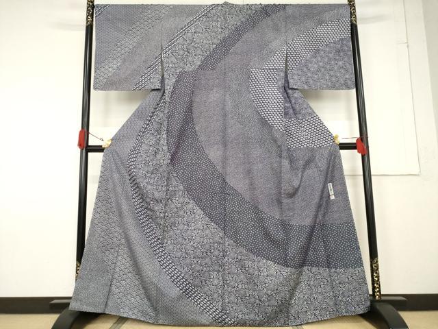 平和屋着物●藍染工房・こんや　全国阿波藍染染織作家協会会員　松本輝夫　訪問着　割付花文　正絹　逸品　AABF3958ck