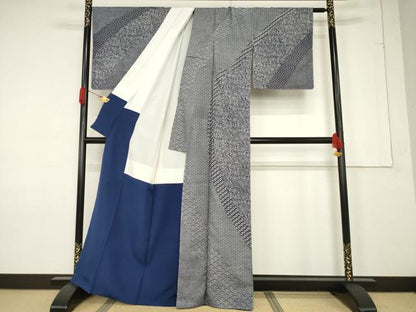 平和屋着物●藍染工房・こんや　全国阿波藍染染織作家協会会員　松本輝夫　訪問着　割付花文　正絹　逸品　AABF3958ck
