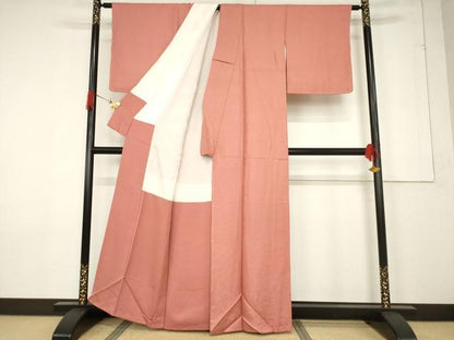 平和屋着物●上質な色無地 葉尽くし地紋 甚三紅色 正絹 逸品 AABF3960ck