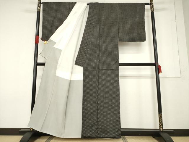 平和屋着物●お召 井桁絣 黒地 正絹 逸品 AABF3984ck