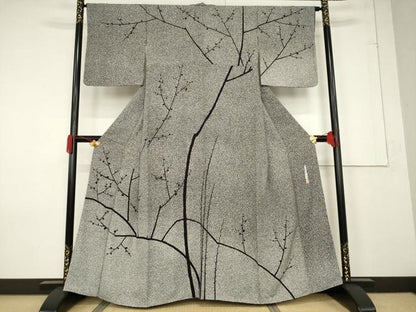 平和屋着物●二代目 川村久太郎 訪問着 枝蕾シルエット 黒地 正絹 逸品 AABF3989ck
