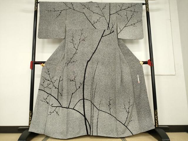 平和屋着物●二代目 川村久太郎 訪問着 枝蕾シルエット 黒地 正絹 逸品 AABF3989ck
