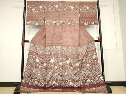 平和屋着物●訪問着 紬地 辻が花 花籬文 金彩 ロング丈 正絹 逸品 AABF3991ck