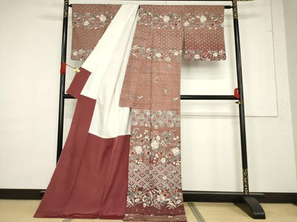 平和屋着物●訪問着 紬地 辻が花 花籬文 金彩 ロング丈 正絹 逸品 AABF3991ck