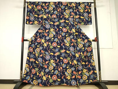 平和屋着物●上質な小紋 型染め 花唐草文 正絹 逸品 AABF3996ck