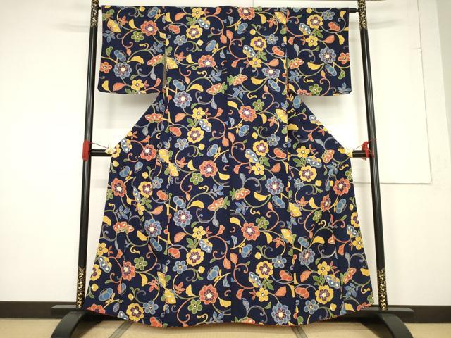 平和屋着物●上質な小紋 型染め 花唐草文 正絹 逸品 AABF3996ck