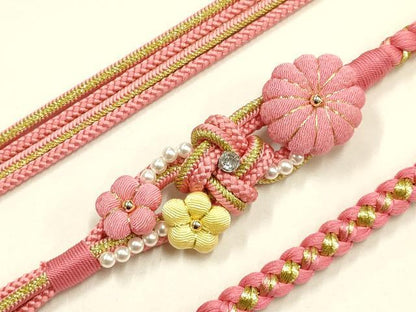 平和屋着物●和装小物　振袖用帯締め　装飾　ちりめん細工　ラインストーン　パール　金糸　切り房　逸品　未使用　AABF4071ay