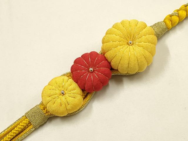 平和屋着物●和装小物　振袖用帯締め　装飾　ちりめん細工　金糸　撚り房　逸品　未使用　AABF4091ay