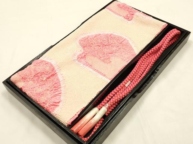 平和屋本店●和装小物　帯締め・帯揚げセット　振袖用　総絞り　花柄　金糸　撚り房　逸品　未使用　AABF4190ay