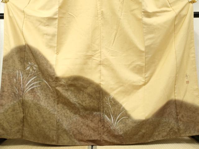平和屋着物●着物作家 岡本龍三 訪問着 紬地 草花文 正絹 逸品 AABF4202cs