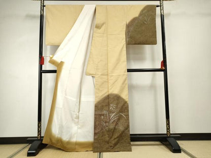 平和屋着物●着物作家 岡本龍三 訪問着 紬地 草花文 正絹 逸品 AABF4202cs