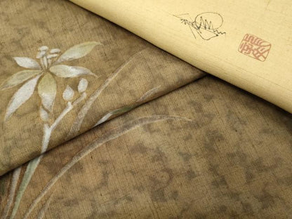 平和屋着物●着物作家 岡本龍三 訪問着 紬地 草花文 正絹 逸品 AABF4202cs