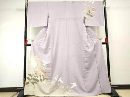 平和屋着物●訪問着 草花文 百合 ユリ 暈し染め 藤色地 金糸 金彩 正絹 逸品 AABF4212cs