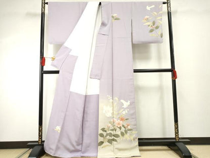 平和屋着物●訪問着 草花文 百合 ユリ 暈し染め 藤色地 金糸 金彩 正絹 逸品 AABF4212cs