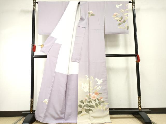 平和屋着物●訪問着 草花文 百合 ユリ 暈し染め 藤色地 金糸 金彩 正絹 逸品 AABF4212cs