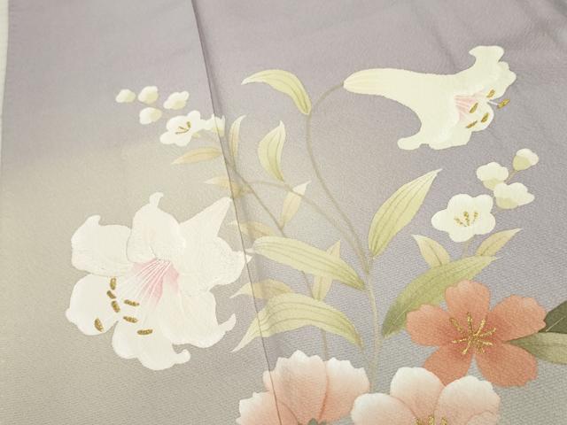 平和屋着物●訪問着 草花文 百合 ユリ 暈し染め 藤色地 金糸 金彩 正絹 逸品 AABF4212cs