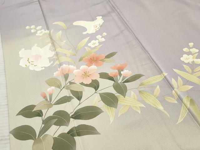 平和屋着物●訪問着 草花文 百合 ユリ 暈し染め 藤色地 金糸 金彩 正絹 逸品 AABF4212cs