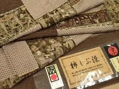 平和屋着物●上質な小紋 京友禅 柿渋染 古代エジプト壁画文様 丹後ちりめん 反端付き 正絹 逸品 未使用 AABF4214cs