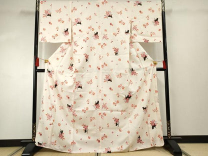 平和屋着物●小紋 草花に猫 洗える着物 未使用 AABF4216cs