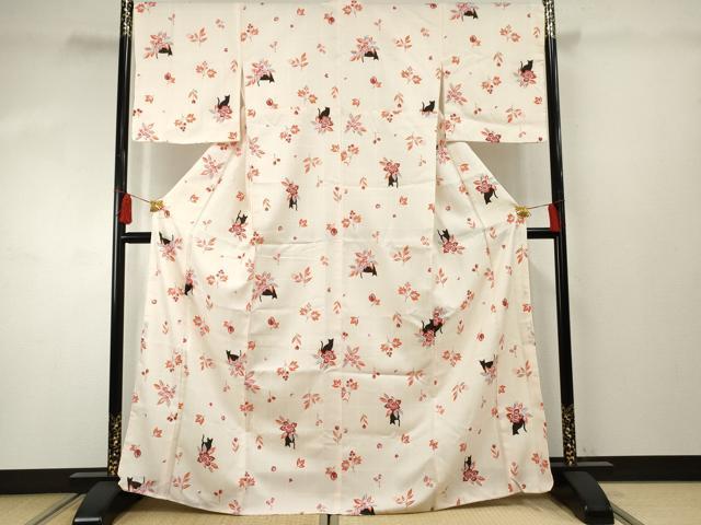 平和屋着物●小紋 草花に猫 洗える着物 未使用 AABF4216cs