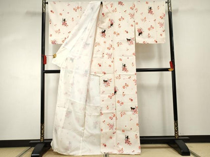 平和屋着物●小紋 草花に猫 洗える着物 未使用 AABF4216cs