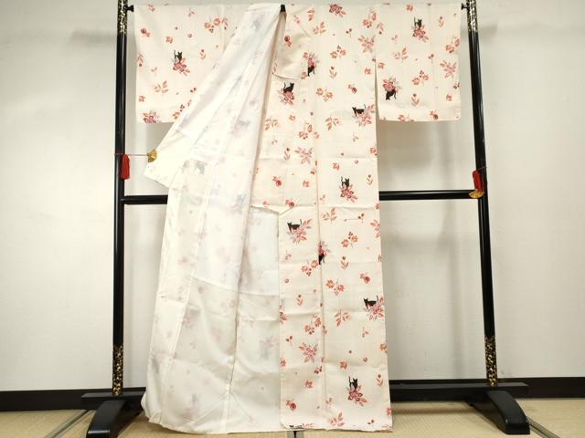 平和屋着物●小紋 草花に猫 洗える着物 未使用 AABF4216cs