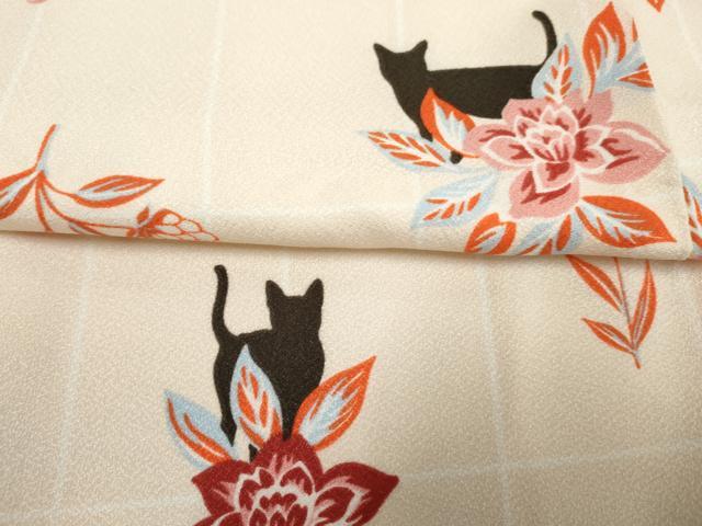 平和屋着物●小紋 草花に猫 洗える着物 未使用 AABF4216cs
