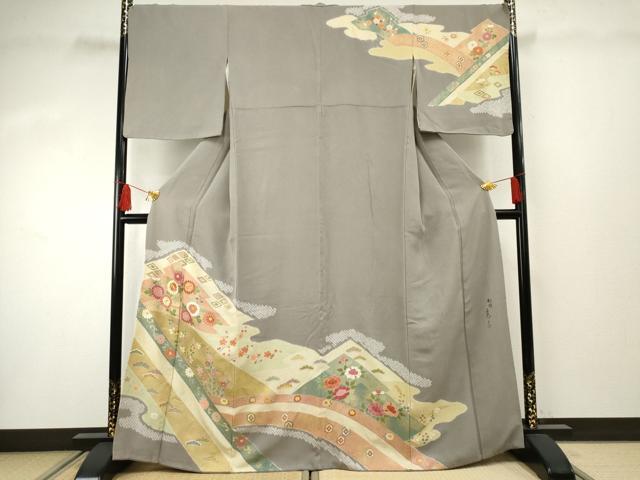 平和屋着物●京友禅の第一人者 松井青々 訪問着 駒刺繍 絞り 吉祥草花文 金彩 正絹 逸品 AABF4223cs