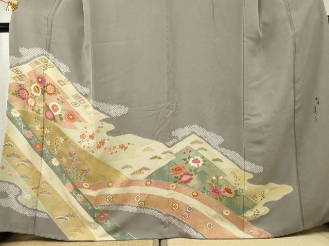 平和屋着物●京友禅の第一人者 松井青々 訪問着 駒刺繍 絞り 吉祥草花文 金彩 正絹 逸品 AABF4223cs