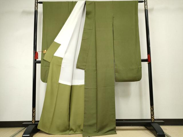 平和屋着物●豪華振袖 色無地 松葉色 正絹 逸品 AABF4227cs