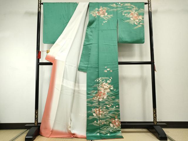 平和屋着物●十日町老舗ブランド　吉澤友禅　吾妻徳穂　訪問着　立波花文　金彩　ロング丈　正絹　逸品　AABF4248cs