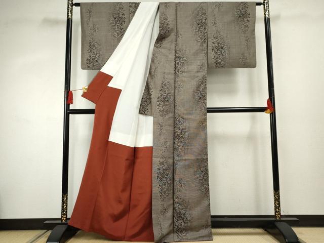 平和屋着物●本場大島紬 泥染め カタス9マルキ 枝花文 正絹 逸品 AABF4256cs