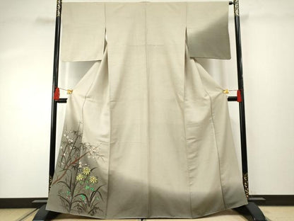平和屋着物●訪問着 紬地 手描き 枝花文 正絹 逸品 AABF4259cs
