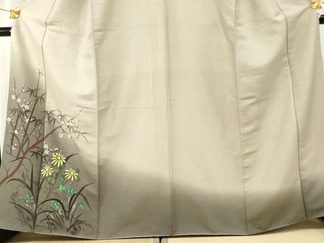 平和屋着物●訪問着 紬地 手描き 枝花文 正絹 逸品 AABF4259cs