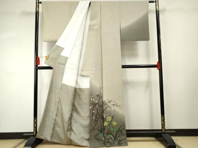 平和屋着物●訪問着 紬地 手描き 枝花文 正絹 逸品 AABF4259cs