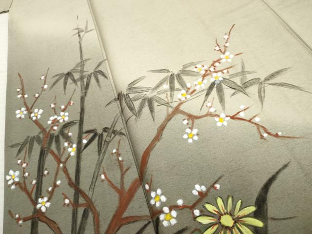 平和屋着物●訪問着 紬地 手描き 枝花文 正絹 逸品 AABF4259cs