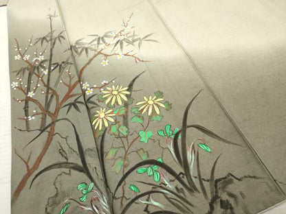 平和屋着物●訪問着 紬地 手描き 枝花文 正絹 逸品 AABF4259cs