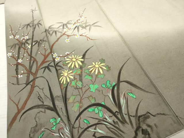 平和屋着物●訪問着 紬地 手描き 枝花文 正絹 逸品 AABF4259cs