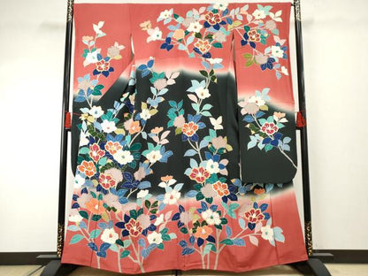 平和屋着物●豪華振袖 友禅 枝花文 暈し染め 正絹 逸品 AABF4264cs