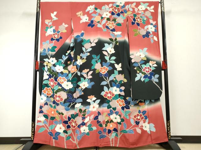 平和屋着物●豪華振袖 友禅 枝花文 暈し染め 正絹 逸品 AABF4264cs