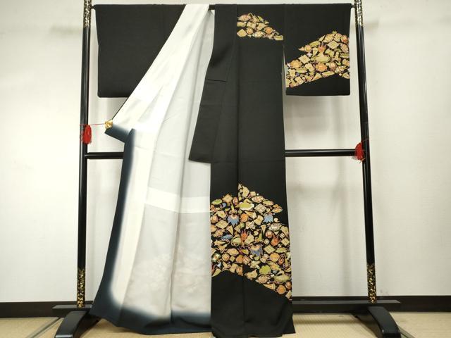 平和屋着物●訪問着 友禅 駒刺繍 宝尽くし 黒地 金彩 正絹 逸品 AABF4279cs