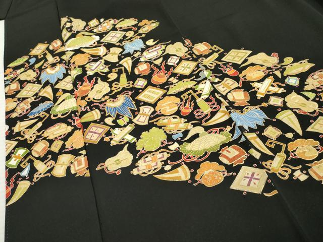 平和屋着物●訪問着 友禅 駒刺繍 宝尽くし 黒地 金彩 正絹 逸品 AABF4279cs