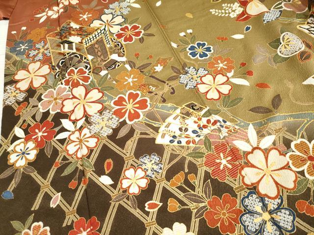 平和屋着物●豪華振袖 御所車草花文 金彩 正絹 逸品 AABF4281cs