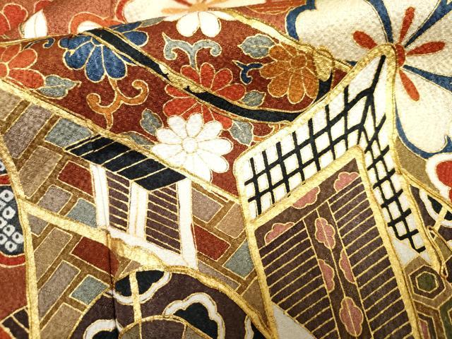 平和屋着物●豪華振袖 御所車草花文 金彩 正絹 逸品 AABF4281cs