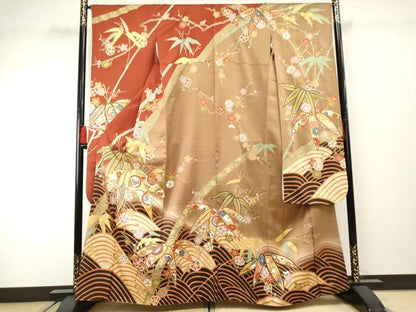 平和屋着物●豪華振袖 駒刺繍 立波笹竹花文 暈し染め 金彩 正絹 逸品 AABF4284cs