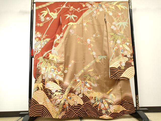 平和屋着物●豪華振袖 駒刺繍 立波笹竹花文 暈し染め 金彩 正絹 逸品 AABF4284cs
