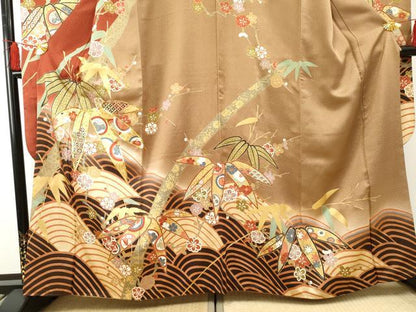 平和屋着物●豪華振袖 駒刺繍 立波笹竹花文 暈し染め 金彩 正絹 逸品 AABF4284cs