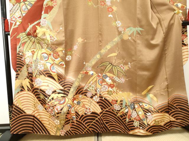 平和屋着物●豪華振袖 駒刺繍 立波笹竹花文 暈し染め 金彩 正絹 逸品 AABF4284cs