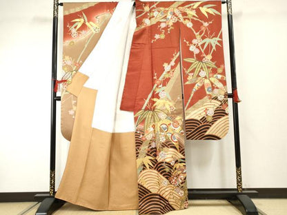 平和屋着物●豪華振袖 駒刺繍 立波笹竹花文 暈し染め 金彩 正絹 逸品 AABF4284cs