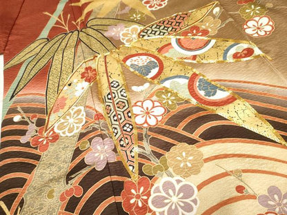 平和屋着物●豪華振袖 駒刺繍 立波笹竹花文 暈し染め 金彩 正絹 逸品 AABF4284cs